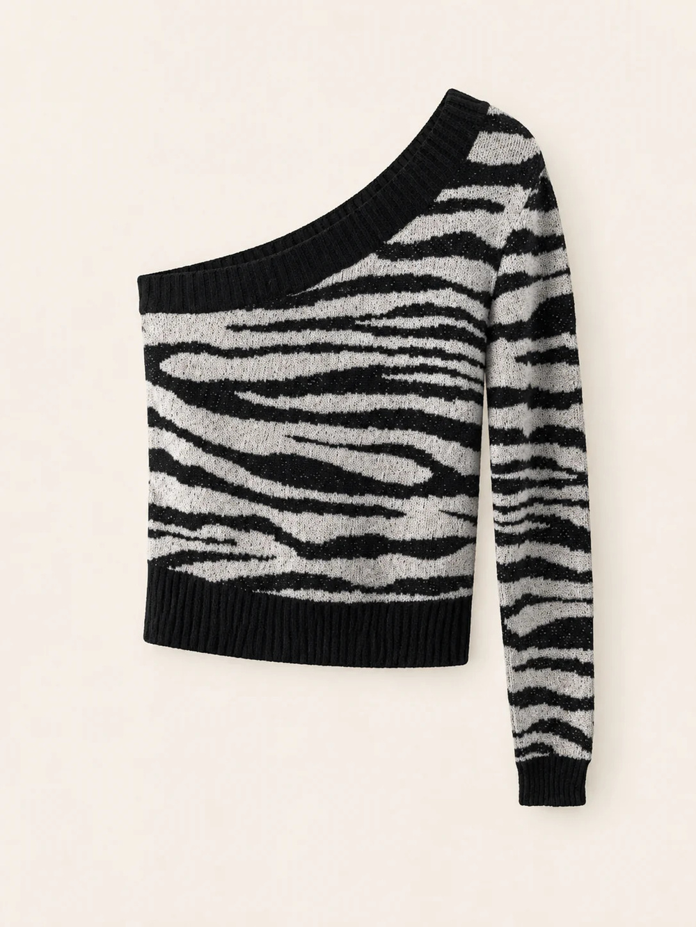 1115 - EASEL Zebra Print One Shoulder Knit Sweater Black White Retro - New - M